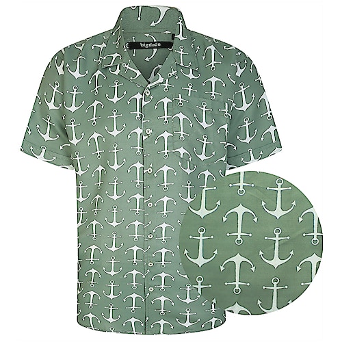 Bigdude Relaxed Collar Anchor Print Short Sleeve Shirt Khaki